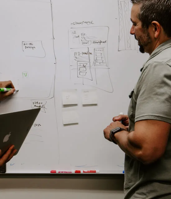 Whiteboard planning session mapping out a client's digital strategy